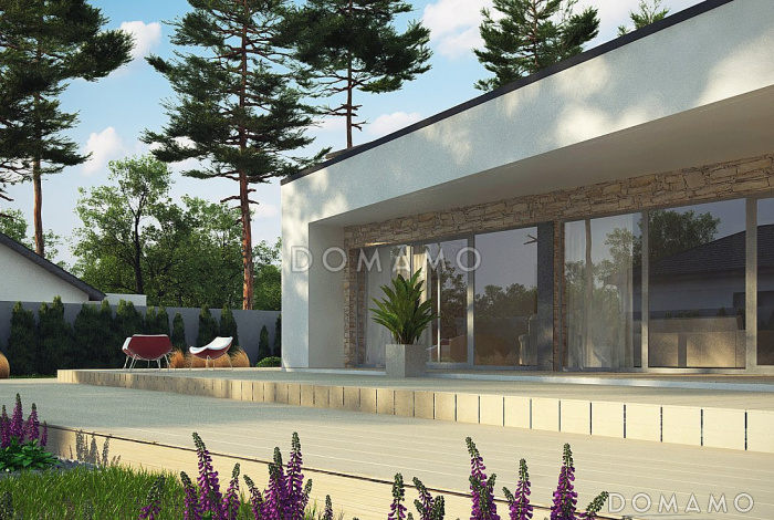 Проект просторного современного одноэтажного дома из кирпича с плоской крышей с тремя спальнями, крытыми террасами и одноместным гаражом Проект просторного современного одноэтажного дома из кирпича с плоской крышей с тремя спальнями, крытыми террасами и одноместным гаражом