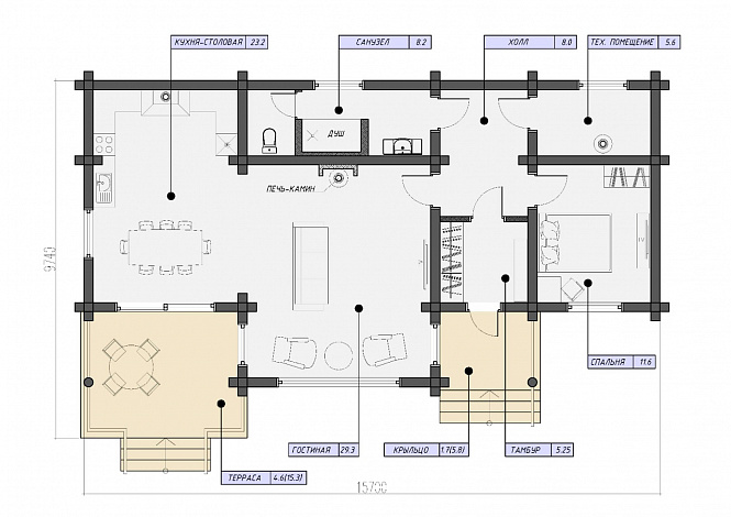 Проект бревенчатого дома с одной спальней, кухней-столовой и просторной гостиной с камином / План 1 этажа