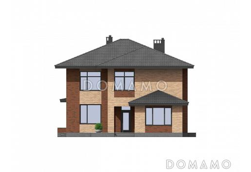 Проект двухэтажного загородного дома с террасой, гостевым блоком с кухней и санузлом, кабинетом / Фасад 1