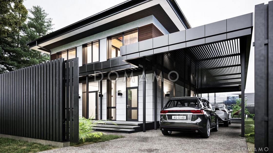 Проект двухэтажного дома с 3 спальнями, кабинетом и автонавесом / 2