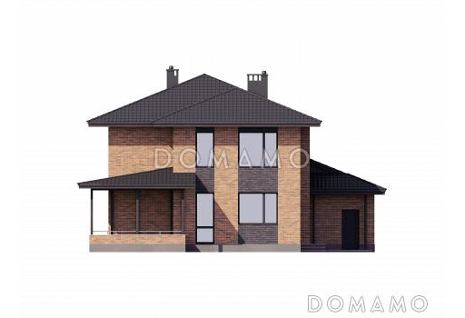 Проект двухэтажного дома  с 4 спальнями, кабинетом, гаражом на 2 машины и квадратной террасой / Фасад 3