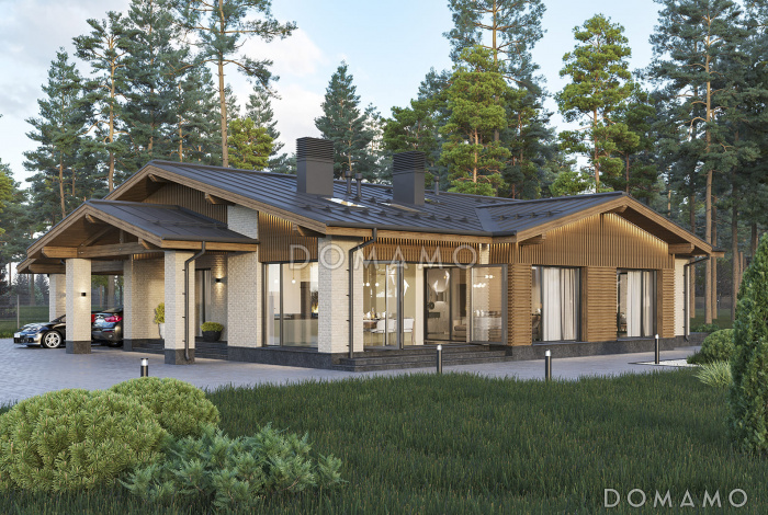 Проект дома из газобетона с навесом для автомобилей, мастер-спальней, совмещенной гостиной-столовой и кухней Проект дома из газобетона с навесом для автомобилей, мастер-спальней, совмещенной гостиной-столовой и кухней