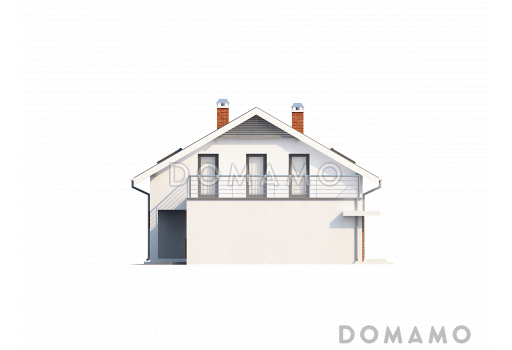 Проект просторного одноэтажного дома с мансардным этажом из кирпича со встроенным гаражом и большой террасой над ним / Фасад 4