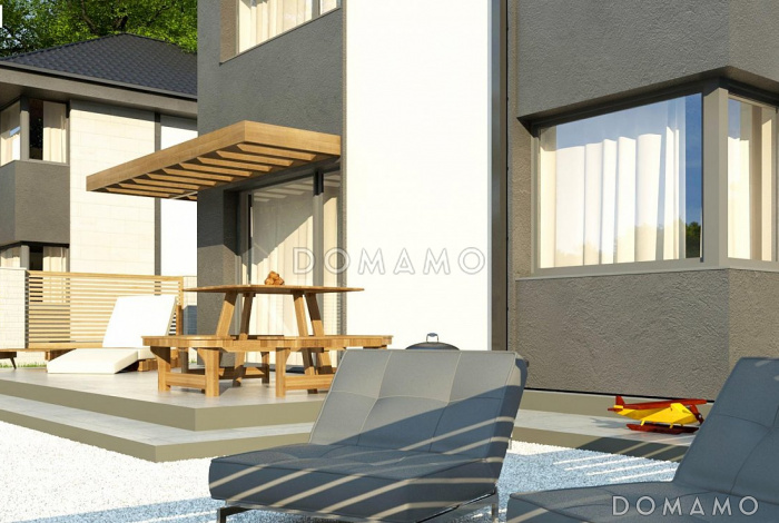 Проект двухэтажного дома из газобетона с дневной зоной на первом этаже и тремя спальнями на втором Проект двухэтажного дома из газобетона с дневной зоной на первом этаже и тремя спальнями на втором