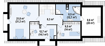 Проект мансардного дома из газобетона с гаражом, прямоугольным эркером и двумя балконами / План мансардного этажа
