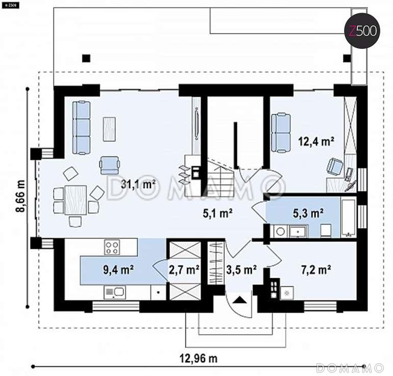 Проект классического мансардного дома из кирпича с дополнительной спальней на первом этаже,с эркером и с деревянными фасадами / План 1 этажа