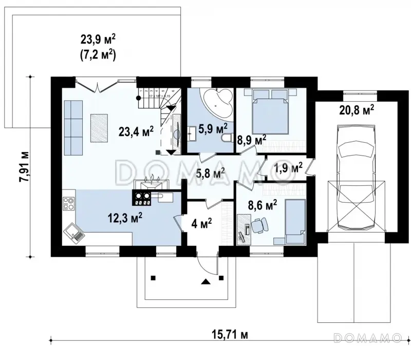 Проект одноэтажного дома из газобетона с тремя спальнями на мансардном этаже и гаражом  / План 1 этажа