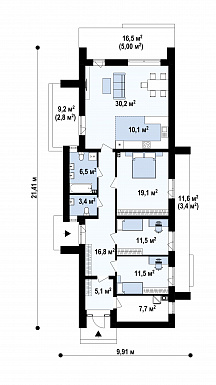 Проект эргономичного загородного дома с террасами, двумя санузлами, объединенной кухней и гостиной / План 1 этажа Проект эргономичного загородного дома с террасами, двумя санузлами, объединенной кухней и гостиной / План 1 этажа
