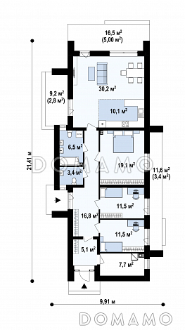 Проект эргономичного загородного дома с террасами, двумя санузлами, объединенной кухней и гостиной / План 1 этажа Проект эргономичного загородного дома с террасами, двумя санузлами, объединенной кухней и гостиной / План 1 этажа