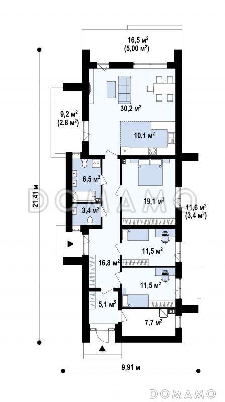 Проект эргономичного загородного дома с террасами, двумя санузлами, объединенной кухней и гостиной / План 1 этажа