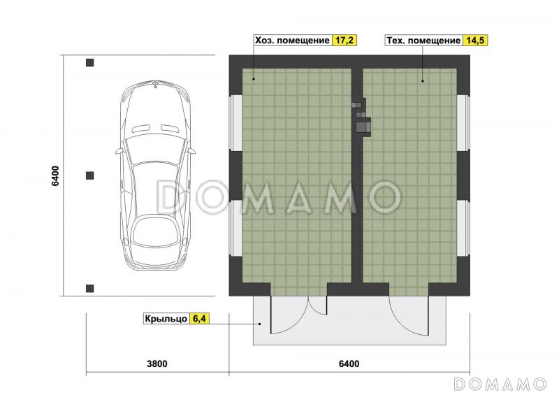 Проект навеса на один автомобиль с техническим и хозяйственным помещениями / План 1 этажа