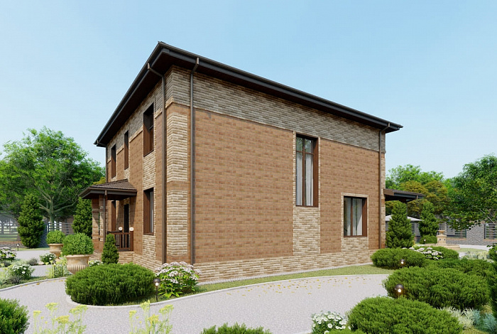 Проект двухэтажного дома с 4 спальнями, большой гостиной и подсветкой на террасе