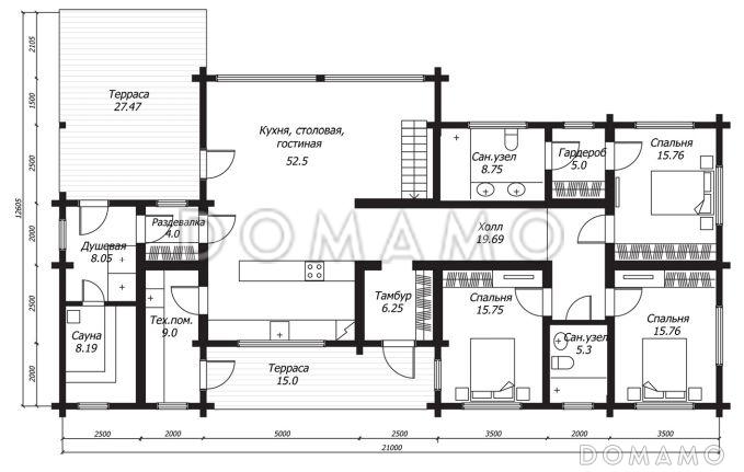 Проект одноэтажного дома из клееного бруса с сауной / План 1 этажа
