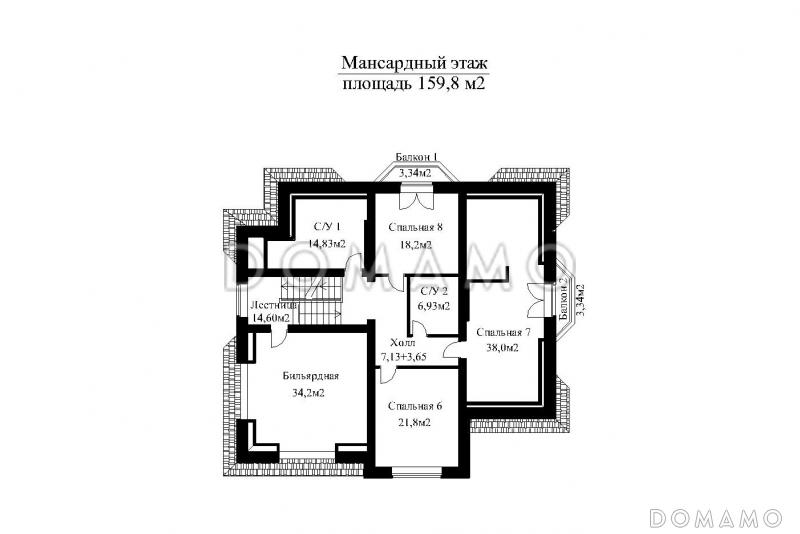 Проект двухэтажного особняка в классическом стиле, с бассейном, зимним садом и просторной террасой второго этажа  / План мансардного этажа