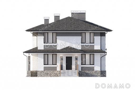 Проект большого двухэтажного дома в стиле Райт с подвалом, большой крытой террасой и балконом на втором этаже / Фасад 4