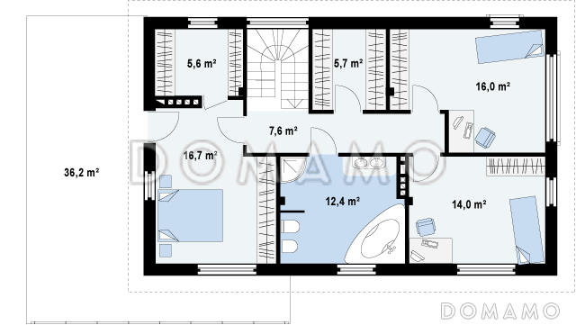 Проект двухэтажного дома из кирпича с четырьмя комнатами, гаражом и открытой террасой над ним / План 2 этажа