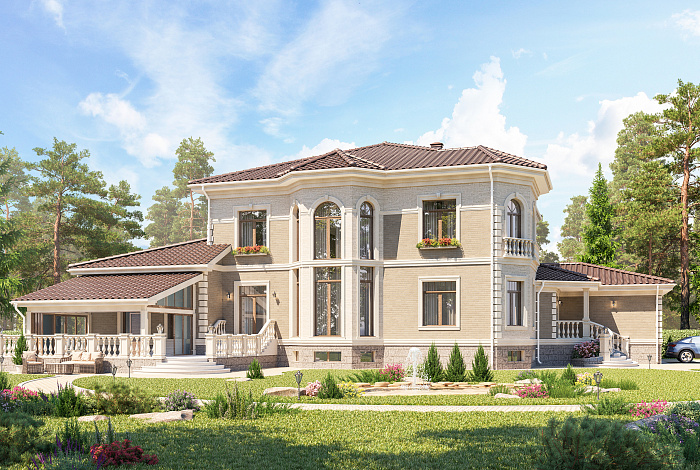 Проект дома со спортзалом, бассейном, бильярдной, просторной обеденной зоной, террасами, гаражом