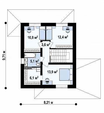 Проект двухэтажного загородного дома с кабинетом, зоной кухни с окном, гостиной с выходом на крытую террасу / План 2 этажа Проект двухэтажного загородного дома с кабинетом, зоной кухни с окном, гостиной с выходом на крытую террасу / План 2 этажа