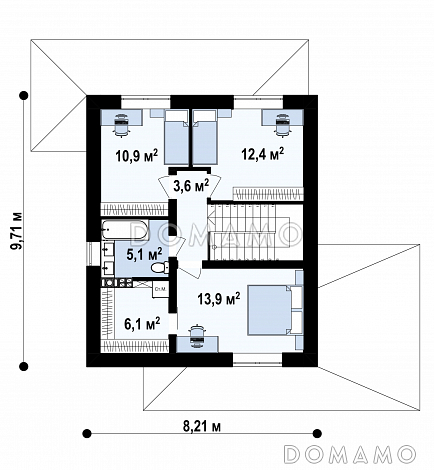 Проект двухэтажного загородного дома с кабинетом, зоной кухни с окном, гостиной с выходом на крытую террасу / План 2 этажа Проект двухэтажного загородного дома с кабинетом, зоной кухни с окном, гостиной с выходом на крытую террасу / План 2 этажа