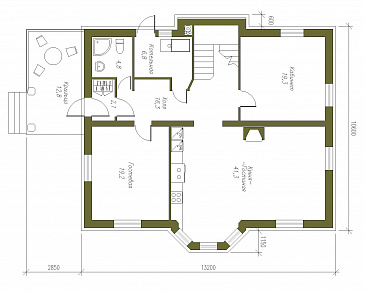 Проект двухэтажного коттеджа из СИП панелей с четырехскатной кровлей / План 1 этажа Проект двухэтажного коттеджа из СИП панелей с четырехскатной кровлей / План 1 этажа