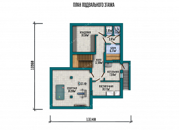 Проект двухэтажного дома с террасой, гаражом на два автомобиля и подвалом / План цокольного этажа Проект двухэтажного дома с террасой, гаражом на два автомобиля и подвалом / План цокольного этажа