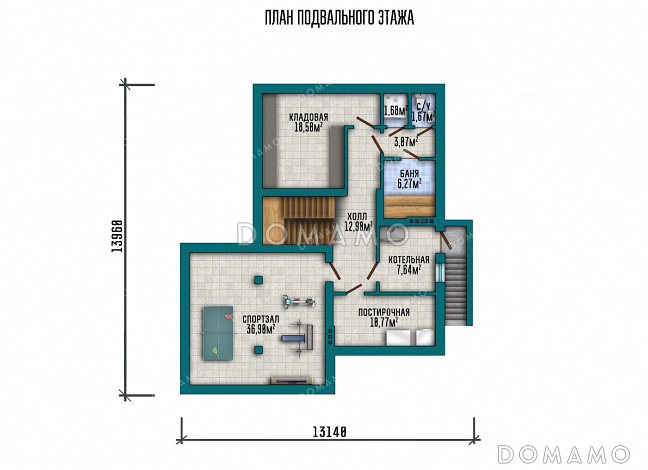 Проект двухэтажного дома с террасой, гаражом на два автомобиля и подвалом / План цокольного этажа Проект двухэтажного дома с террасой, гаражом на два автомобиля и подвалом / План цокольного этажа