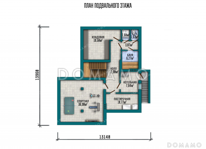 Проект двухэтажного дома с террасой, гаражом на два автомобиля и подвалом / План цокольного этажа