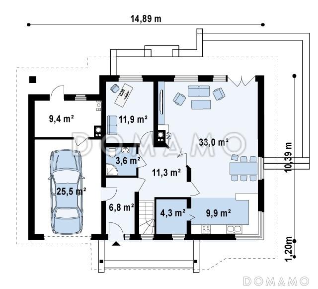 Проект просторного одноэтажного мансардного дома из газобетона с кабинетом, гаражом и комнатой над ним, улучшенная версия / План 1 этажа