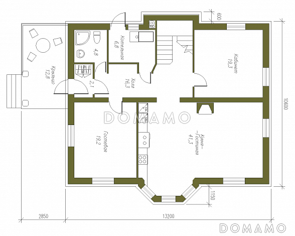 Проект двухэтажного коттеджа из СИП панелей с четырехскатной кровлей / План 1 этажа Проект двухэтажного коттеджа из СИП панелей с четырехскатной кровлей / План 1 этажа