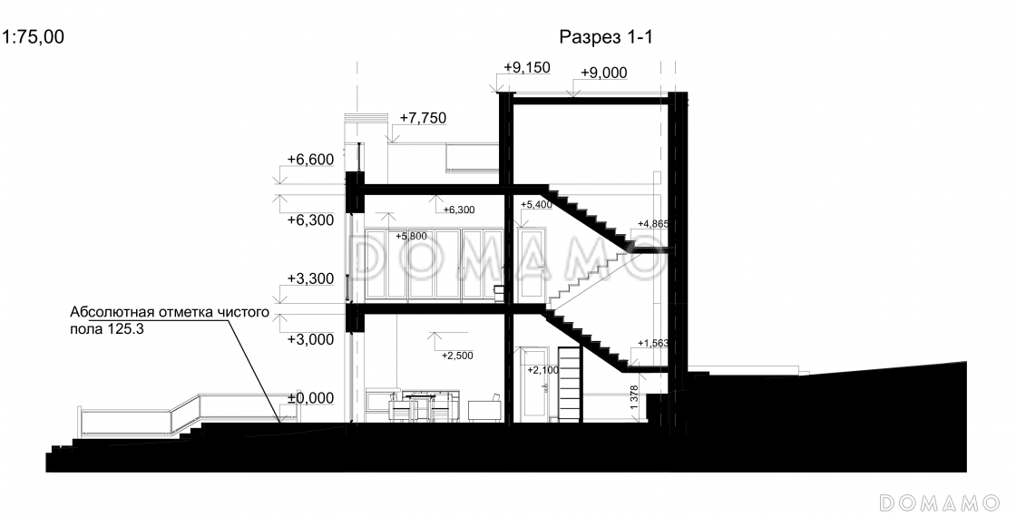 Проект двухэтажного дома для неровного участка с большой кухней-гостиной, террасой, кабинетом / 2