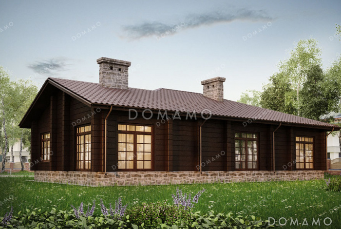 Проект одноэтажного дома с террасой, окнами в пол, 3 спальнями и кухней-гостиной