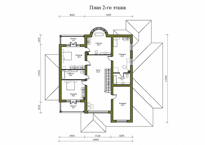 Проект просторного двухэтажного дома с эркером, двумя террасами и гаражом на 2 места / План 2 этажа