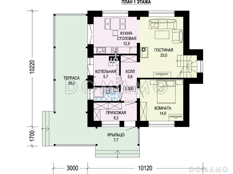 Проект дома с большой крытой террасой, комнатой на первом этаже, кабинетом / План 1 этажа