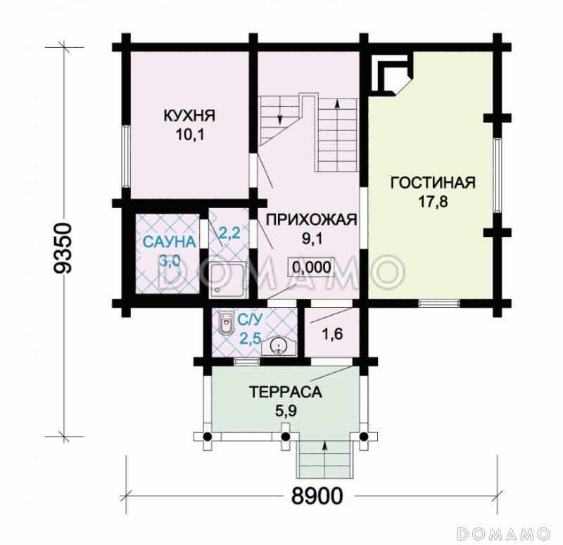 Проект деревянного дома  из оцилиндрованного бревна с мансардным окном / План 1 этажа