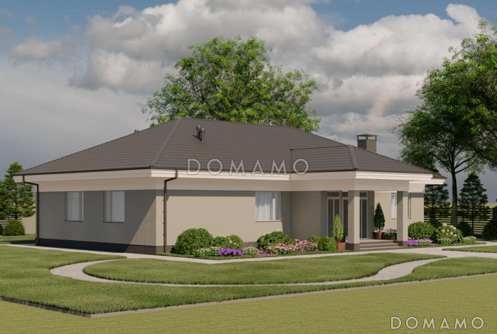 Проект одноэтажного каркасного дома с цветочной террасой и просторной кухней-гостиной