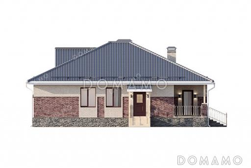 Проект одноэтажного дома с комбинированной отделкой фасадов кирпичом разных тонов, большой террасой под одной кровлей с домом и удобной планировкой для семьи с детьми / Фасад 3