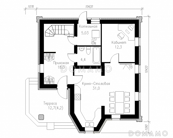 Проект готического коттеджа / План 1 этажа Проект готического коттеджа / План 1 этажа