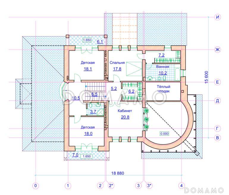 Проект коттеджа с круглой двусветной гостиной и гаражом / План 2 этажа