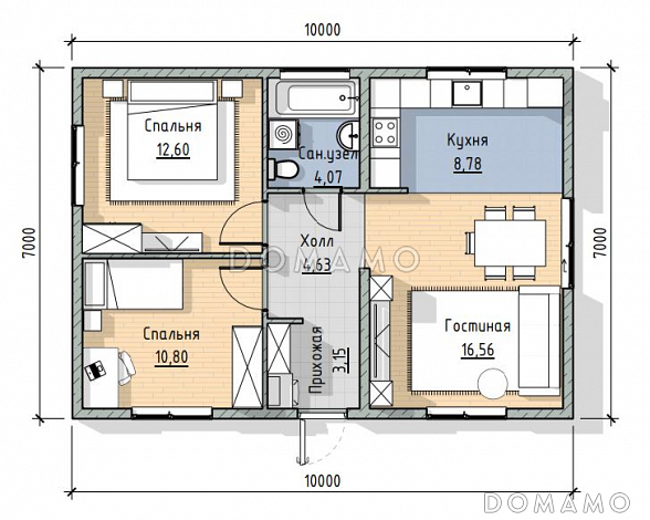 Проект одноэтажного компактного дома в современном стиле / План 1 этажа