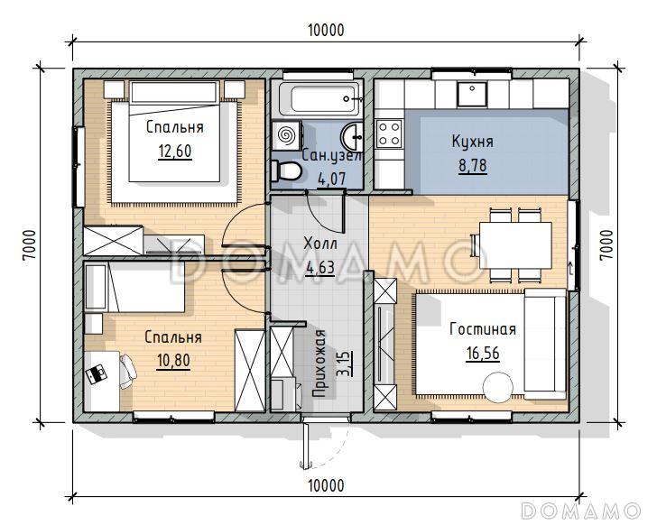 Проект одноэтажного компактного дома в современном стиле / План 1 этажа