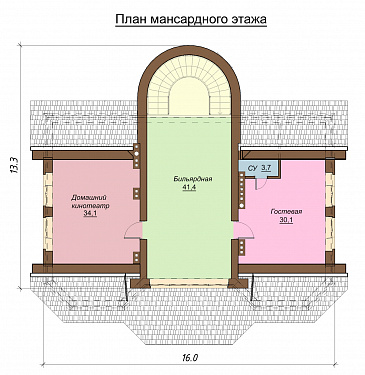 Проект  двухэтажного коттеджа с мансардой, бассейном и кинотеатром / План мансардного этажа Проект  двухэтажного коттеджа с мансардой, бассейном и кинотеатром / План мансардного этажа