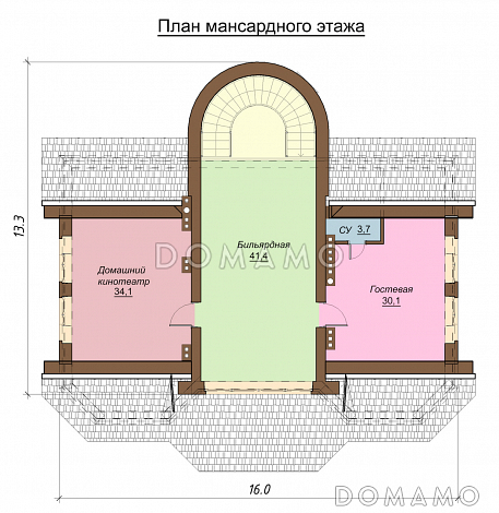 Проект  двухэтажного коттеджа с мансардой, бассейном и кинотеатром / План мансардного этажа Проект  двухэтажного коттеджа с мансардой, бассейном и кинотеатром / План мансардного этажа