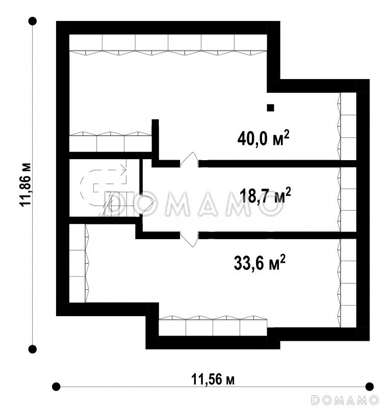 Проект уютного дома с цокольным этажом, камином на террасе, просторной гостиной, кладовой в кухне / План цокольного этажа
