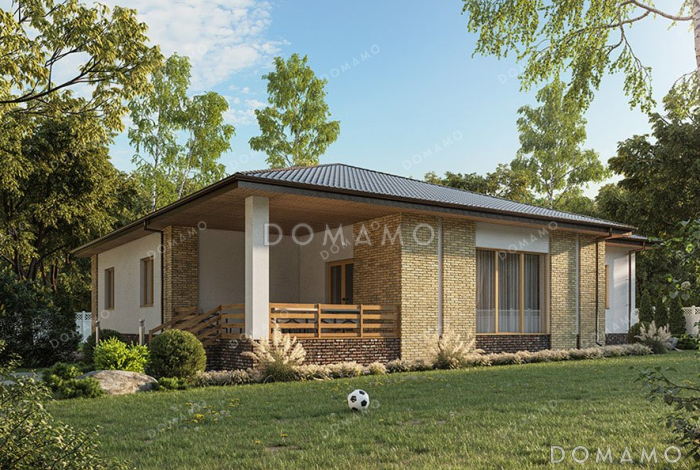 Проект одноэтажного дома с большой террасой и гаражом Проект одноэтажного дома с большой террасой и гаражом