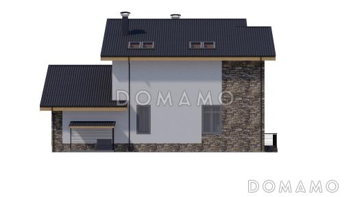 Проект двухэтажного дома из газобетона с двускатной крышей с подвалом, террасой и балконом / Фасад 3