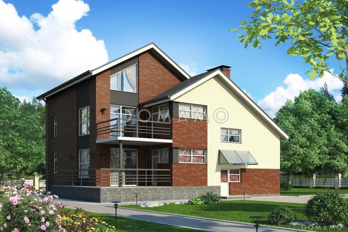 Проект дома с двухскатной крышей с мансардными окнами,  террасой, двумя балконами, кладовой на мансарде / 1