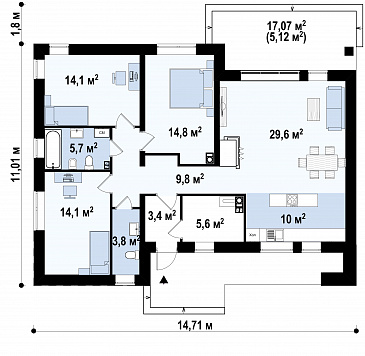 Проект одноэтажного дома с плоской крышей, террасой,  тремя спальнями / План 1 этажа Проект одноэтажного дома с плоской крышей, террасой,  тремя спальнями / План 1 этажа