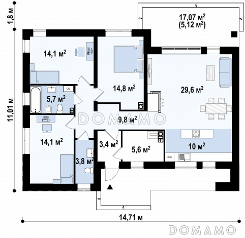 Проект одноэтажного дома с плоской крышей, террасой,  тремя спальнями / План 1 этажа Проект одноэтажного дома с плоской крышей, террасой,  тремя спальнями / План 1 этажа