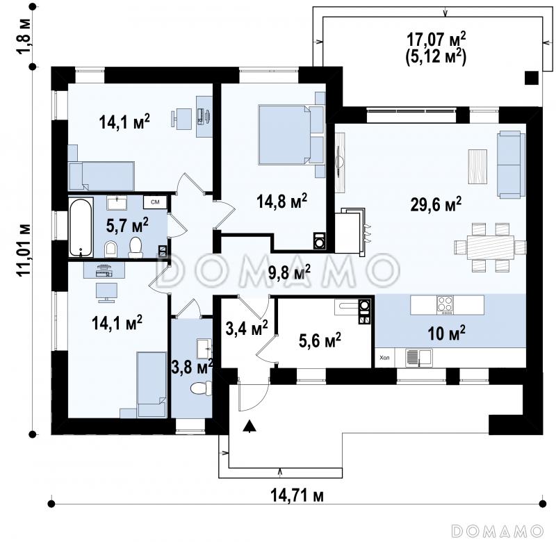 Проект одноэтажного дома с плоской крышей, террасой,  тремя спальнями / План 1 этажа