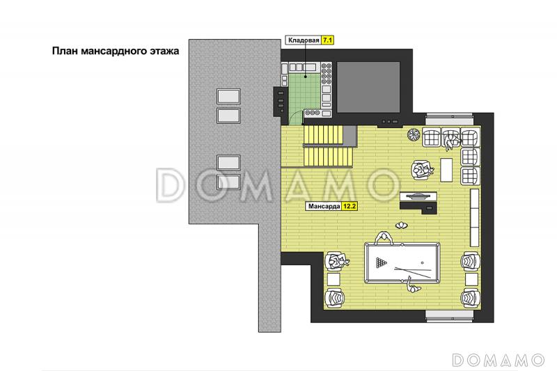 Проект дома с двухскатной крышей с мансардными окнами,  террасой, двумя балконами, кладовой на мансарде / План мансардного этажа